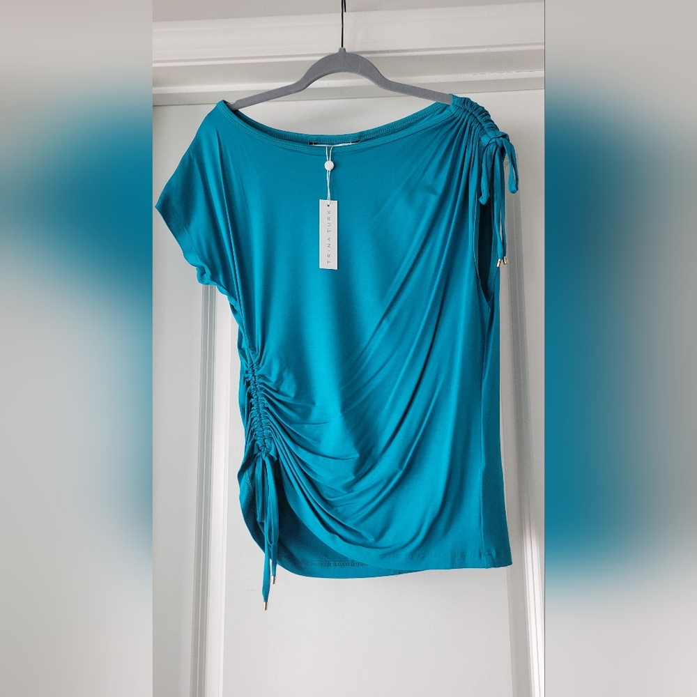 NWT-Trina Turk "Amusing" Turquoise Ruched Blouse Size S